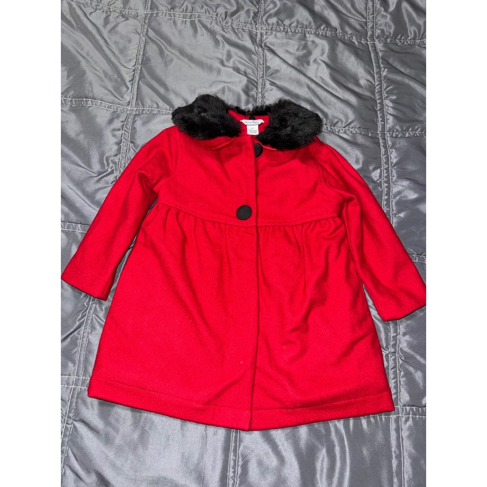 Hartstrings Toddler Girls Red Faux Fur Collar Babydoll Dress Coat Size 2T